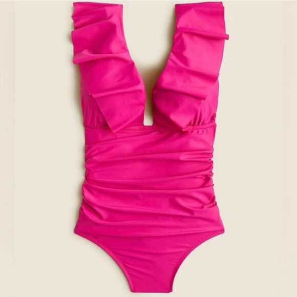 J. Crew Pink Ruffle One Piece Swimsuit - Picture 1 of 8